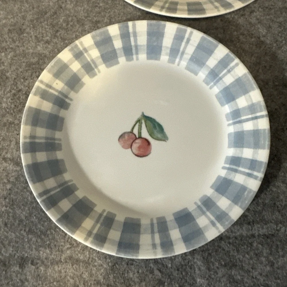 Corelle Set of‎ 5 Dessert Salad Plates Fruit Too Cherries Blue Plaid 7-1/4
